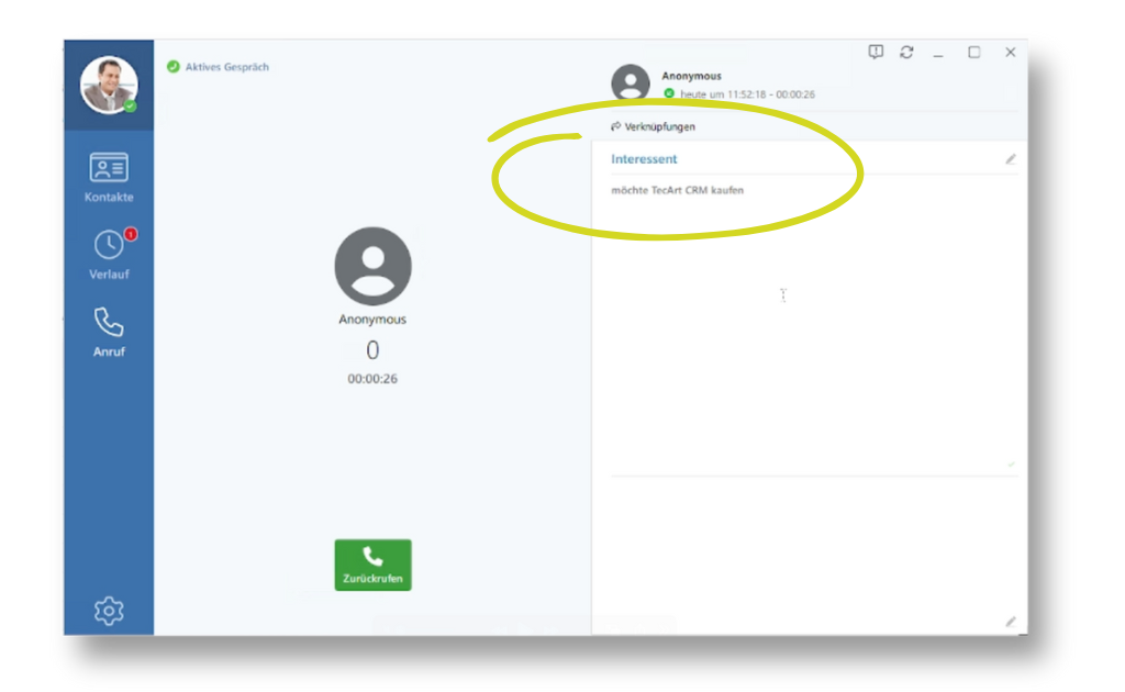 Anrufnotizen während des Telefonats im CTI-Client festhalten