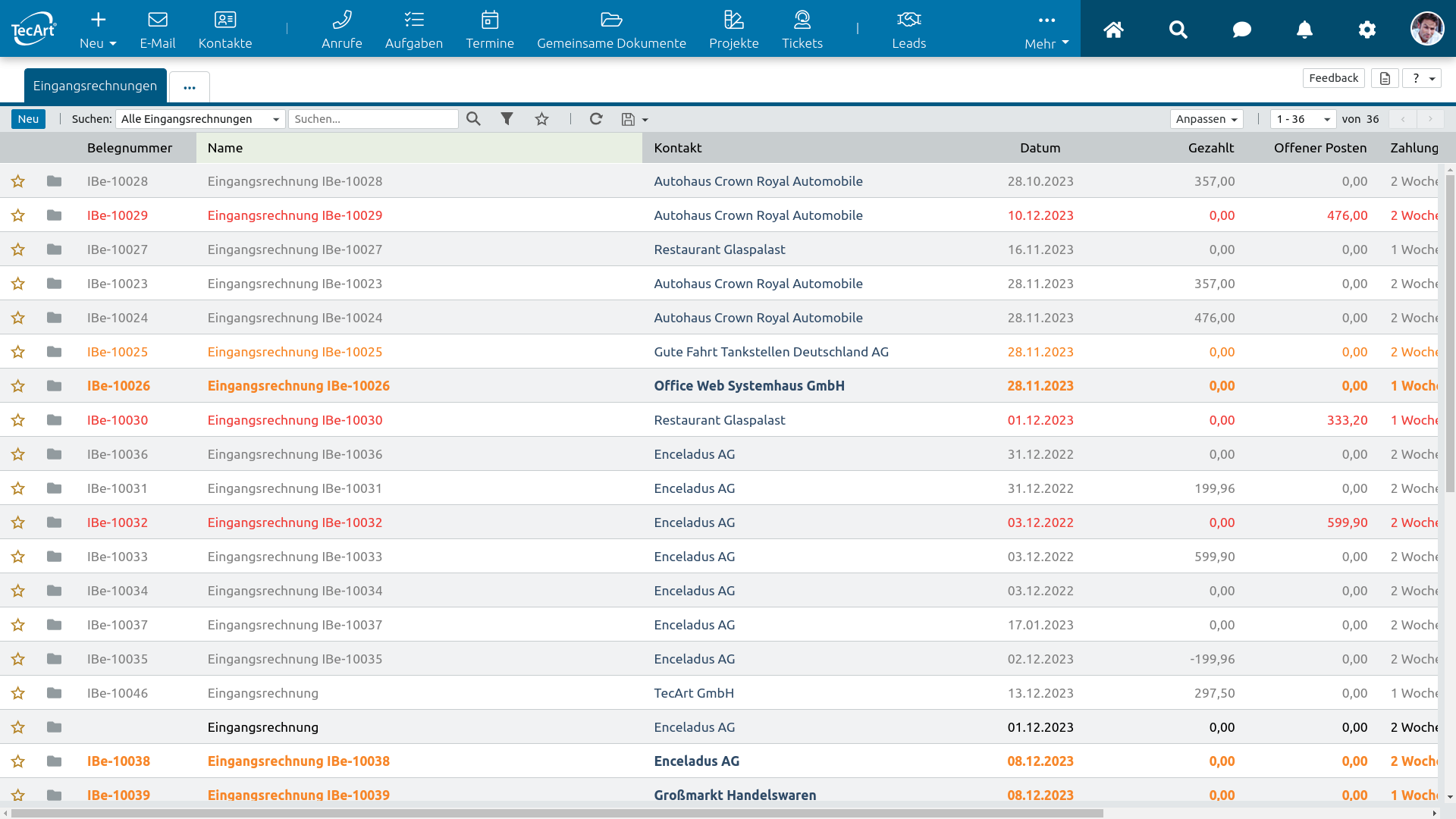 Eingangsrechnungenübersicht