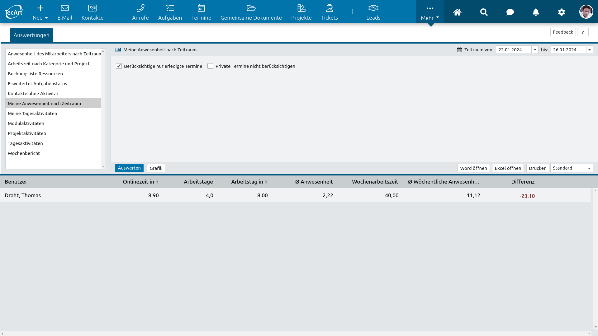 Auswertung Arbeitszeit