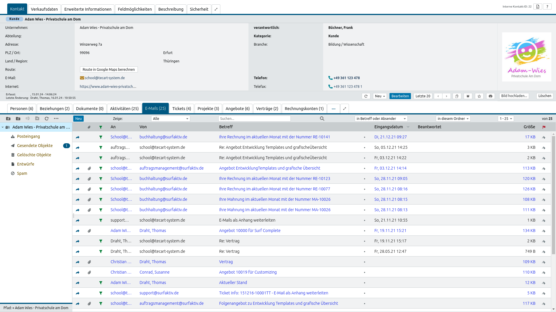 Verwalten Sie ausgetauschte E-Mails je Kontakt