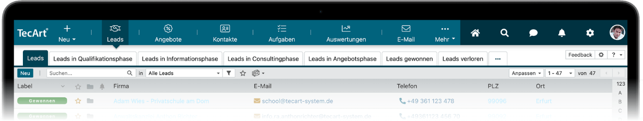 Leads übersichtlich in der TecArt Software