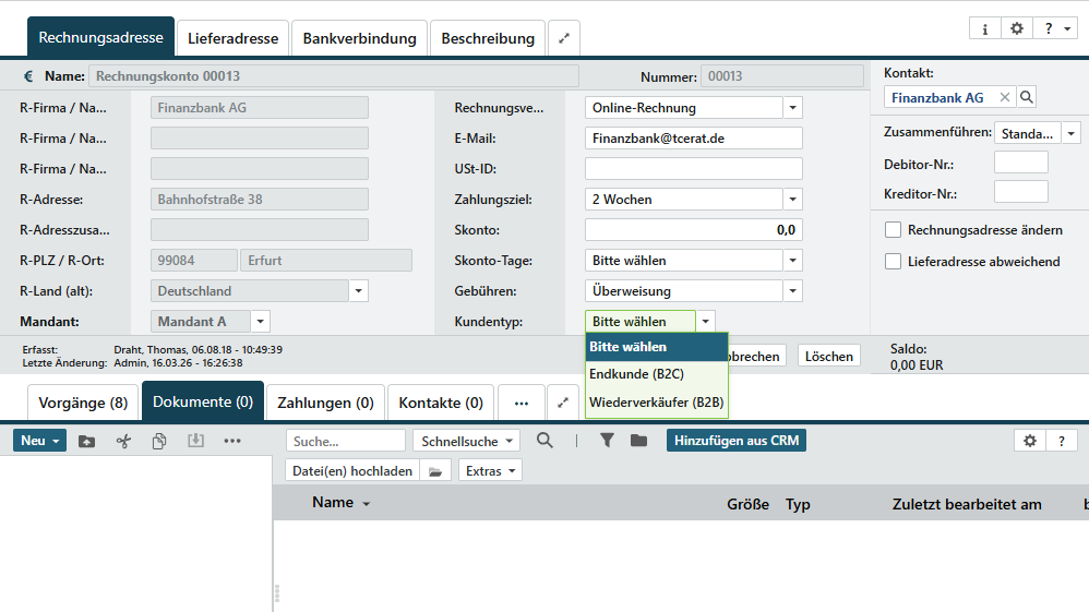 Rechnungskonto mit geöffnetem Feld Kundentyp und den Optionen Endkunde (B2C) und Wiederverkäufer (B2B).