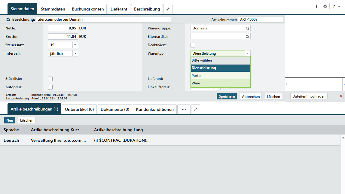 Artikel im TecArt CRM mit geöffnetem Feld Warentyp und den Optionen Dienstleistung, Porto und Ware.