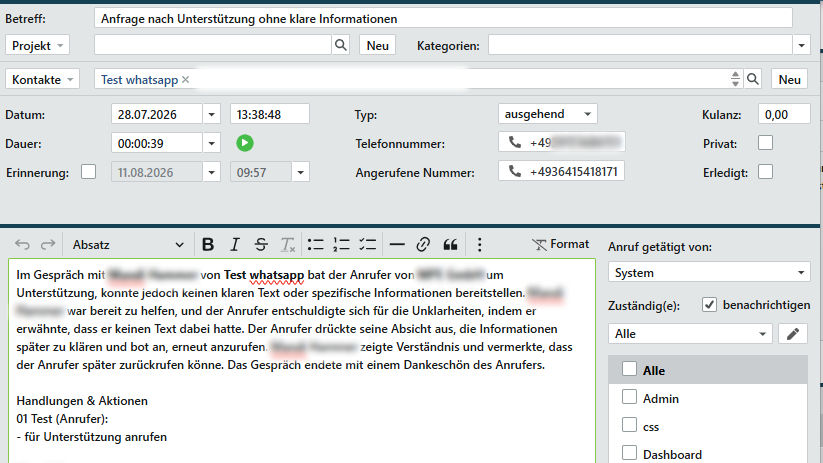 Anruf im TecArt CRM mit Betreff, Kontakt, Datum, Dauer, Rufnummern und KI-Zusammenfassung mit Handlungen & Aktionen