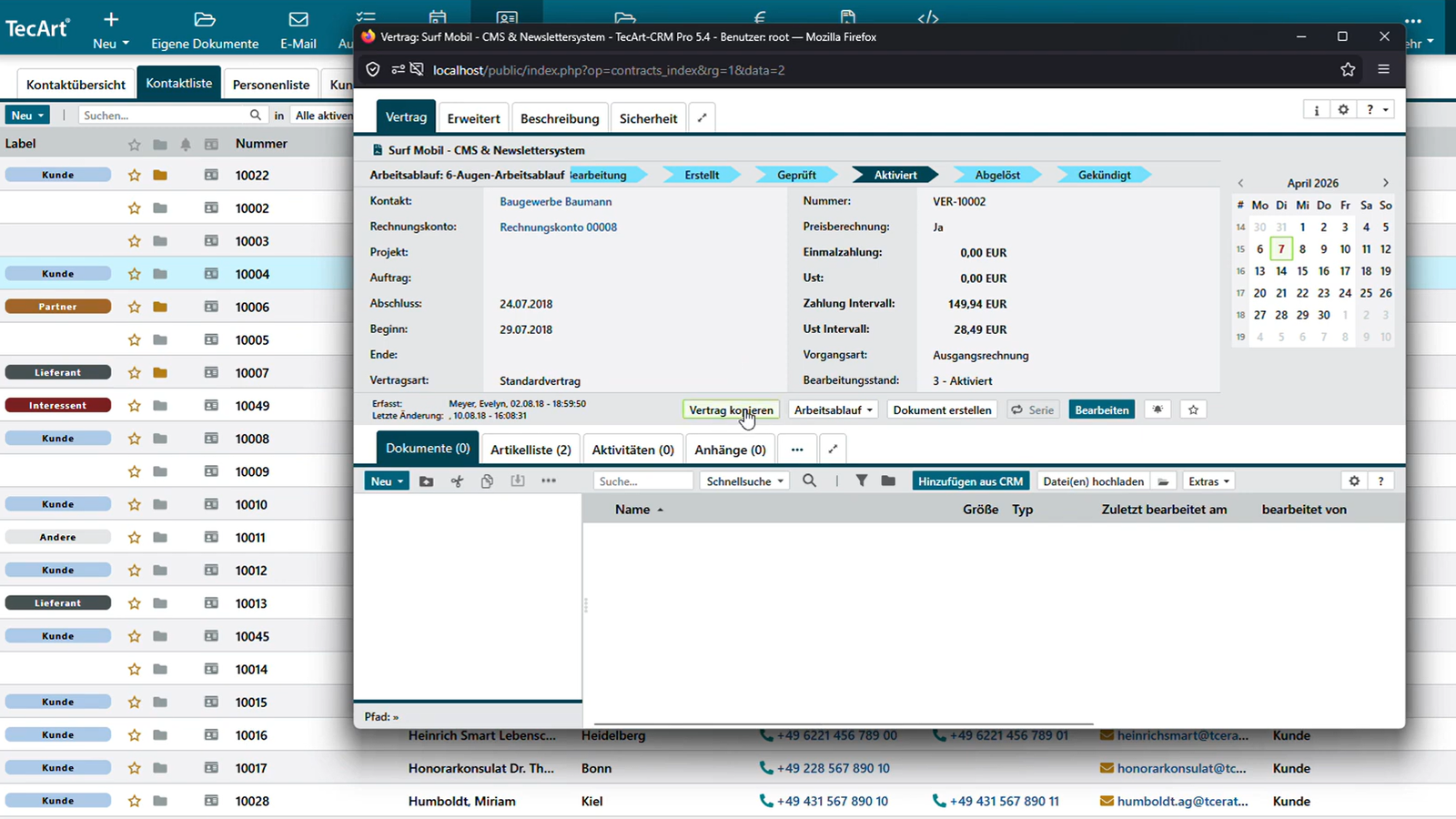 Vertragsansicht im TecArt CRM mit dem Button „Vertrag kopieren“ neben „Arbeitsablauf“ und „Dokument erstellen“